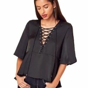 Lovers + Friends Black Satin Lace Up Boulevard Blouse